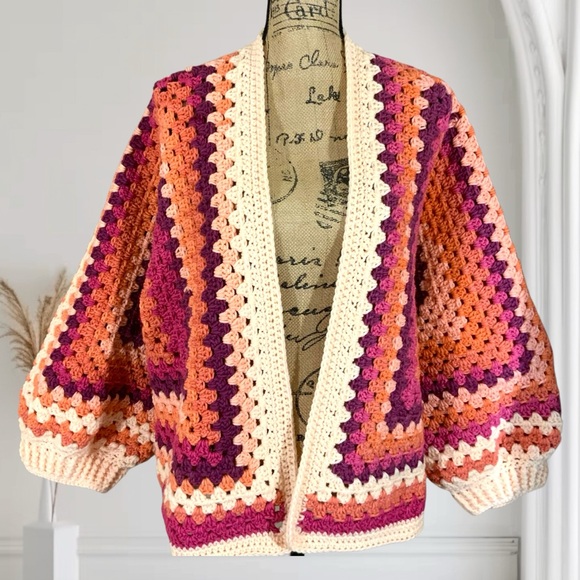 Handcrafted Crochet Granny Stitch Sweater Cardigan New Open Front Wide Sleeve - Picture 4 of 10